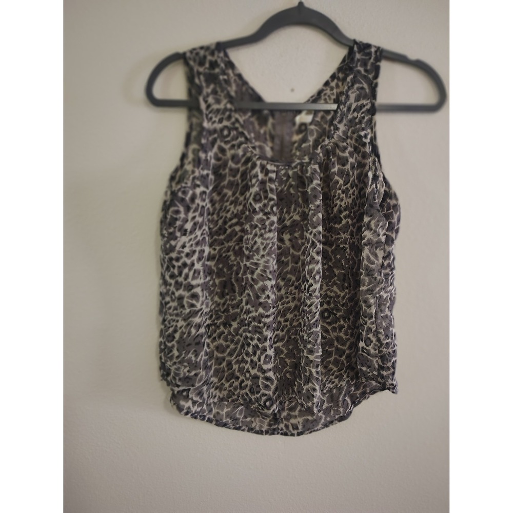 Truth Womens Grey Leopard Print Sleeveless Blouse Pleated Back Zip Top Large